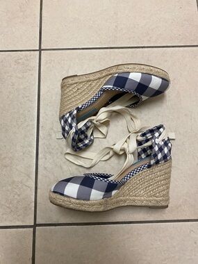 Draper James Navy and White Gingham Tie-Ankle Espadrilles